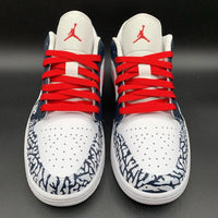 Custom AJ 1s Shoes Red with Navy Crackle Pattern