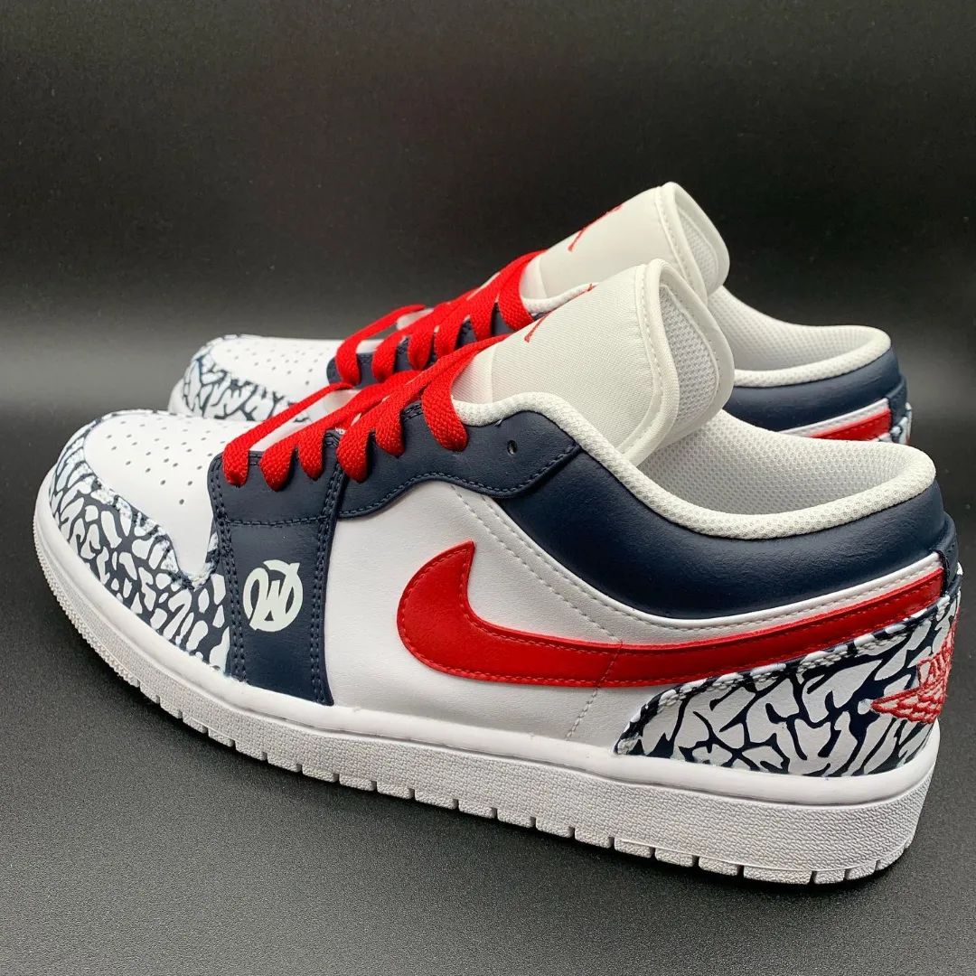 Custom AJ 1s Shoes Red with Navy Crackle Pattern