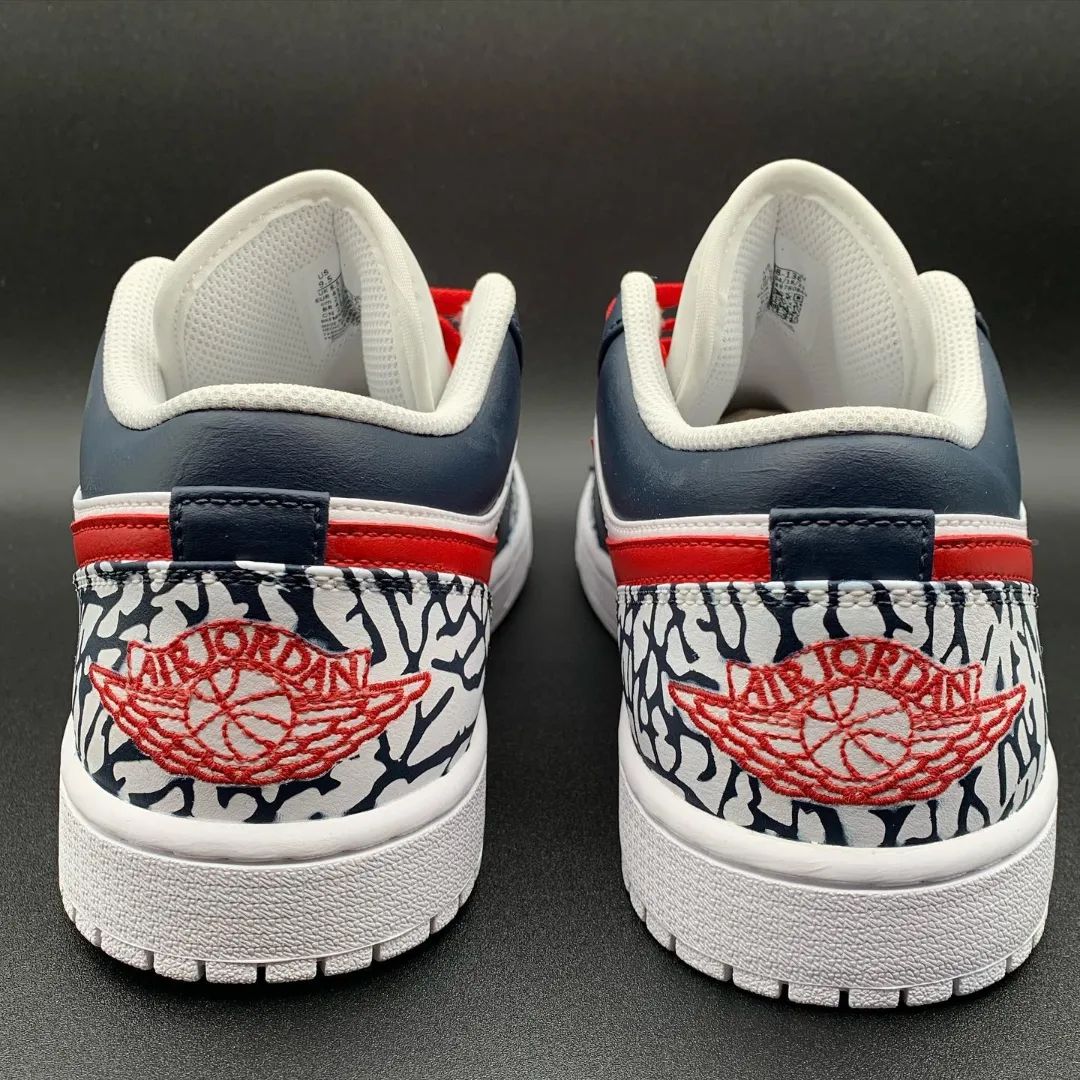 Custom AJ 1s Shoes Red with Navy Crackle Pattern