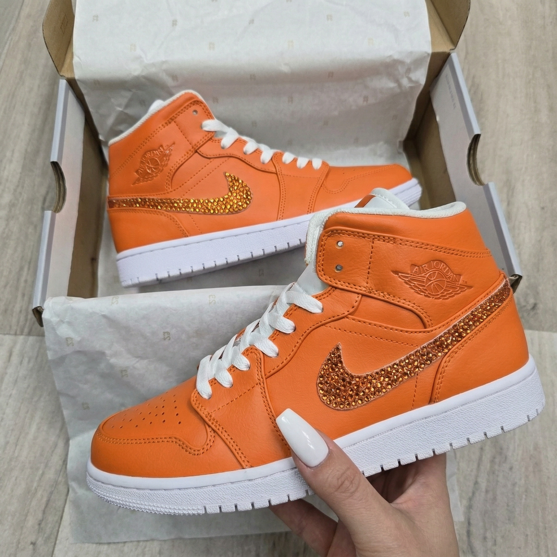 Custom AJ 1s Shoes Rhinestone Swoosh Orange White