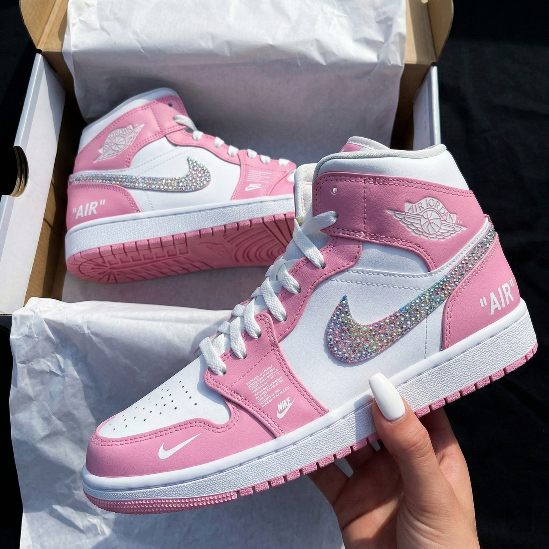 Custom AJ 1s Shoes Rhinestone Swoosh White Baby Pink