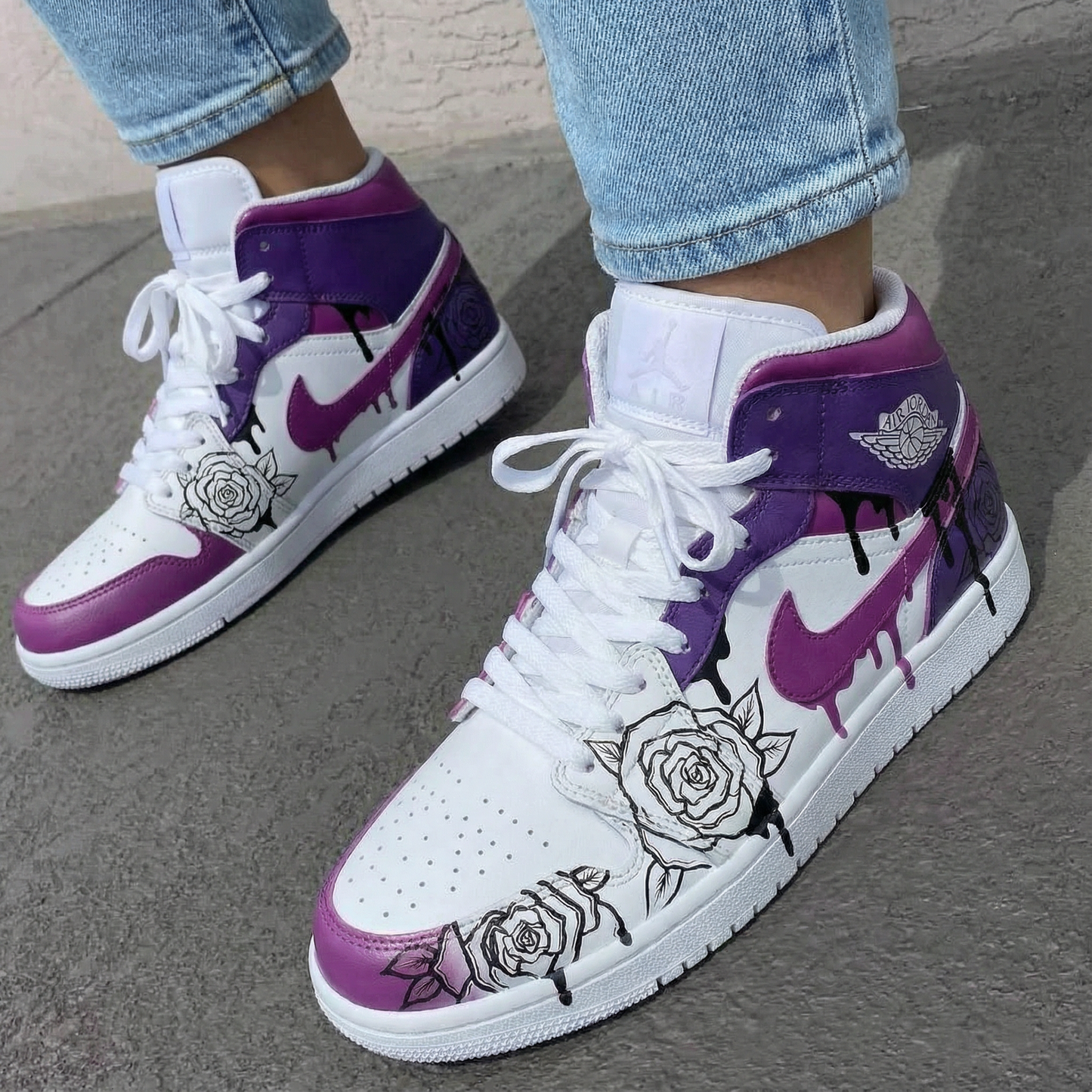 Custom AJ 1s Shoes Romantic Purple and White Roses Theme