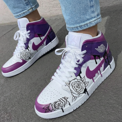 Custom AJ 1s Shoes Romantic Purple and White Roses Theme