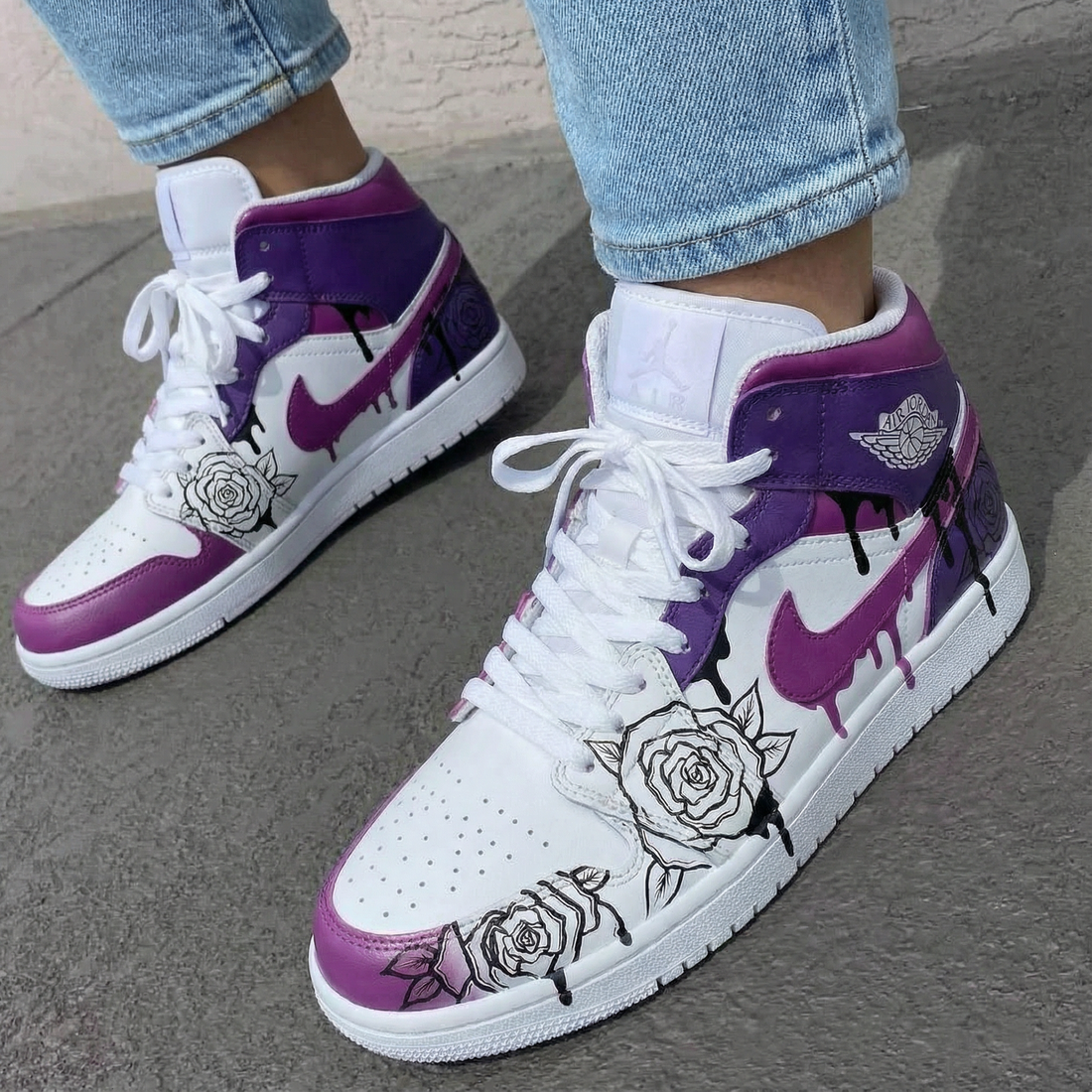 Custom AJ 1s Shoes Romantic Purple and White Roses Theme