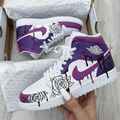 Custom AJ 1s Shoes Romantic Purple and White Roses Theme