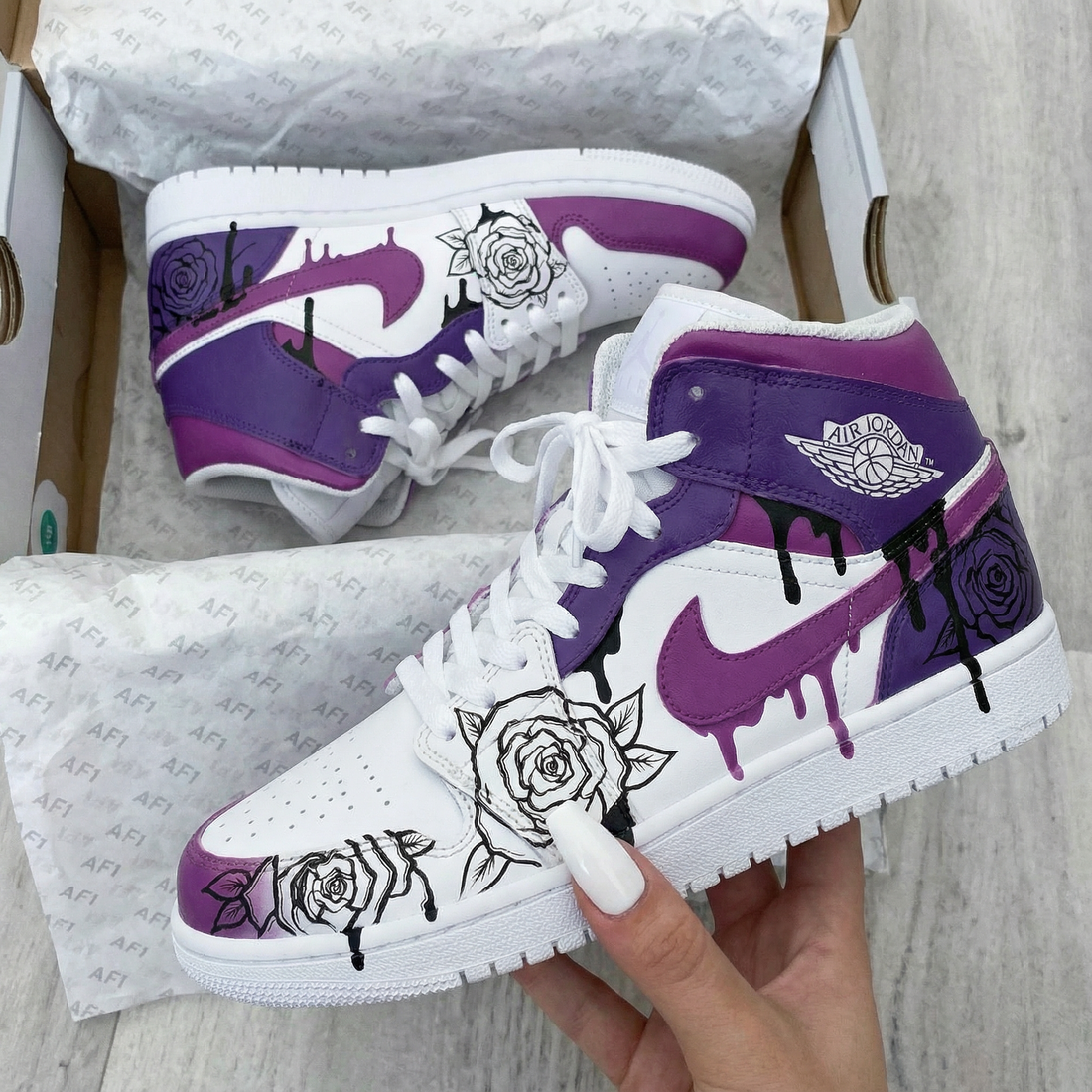 Custom AJ 1s Shoes Romantic Purple and White Roses Theme