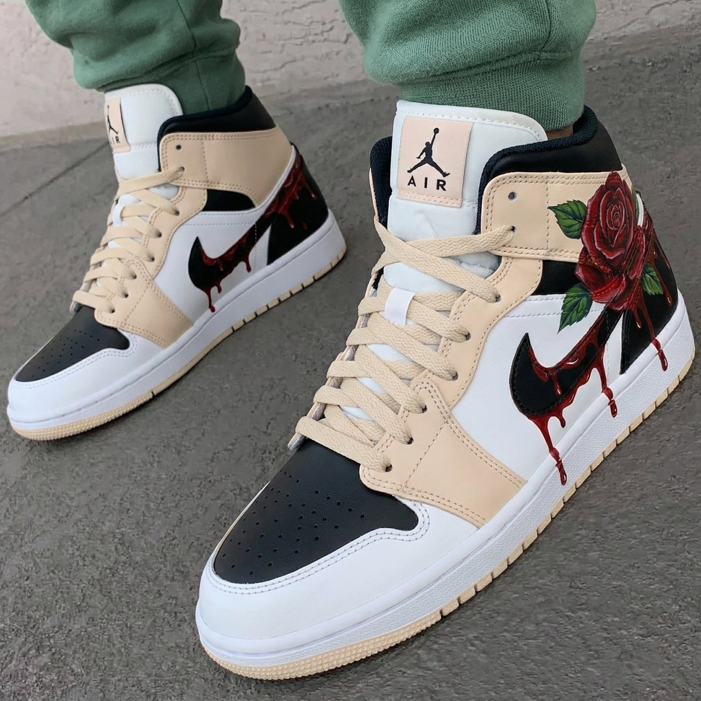 Custom AJ 1s Shoes Rose and Blood Pattern Beige Black