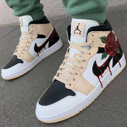 Custom AJ 1s Shoes Rose and Blood Pattern Beige Black
