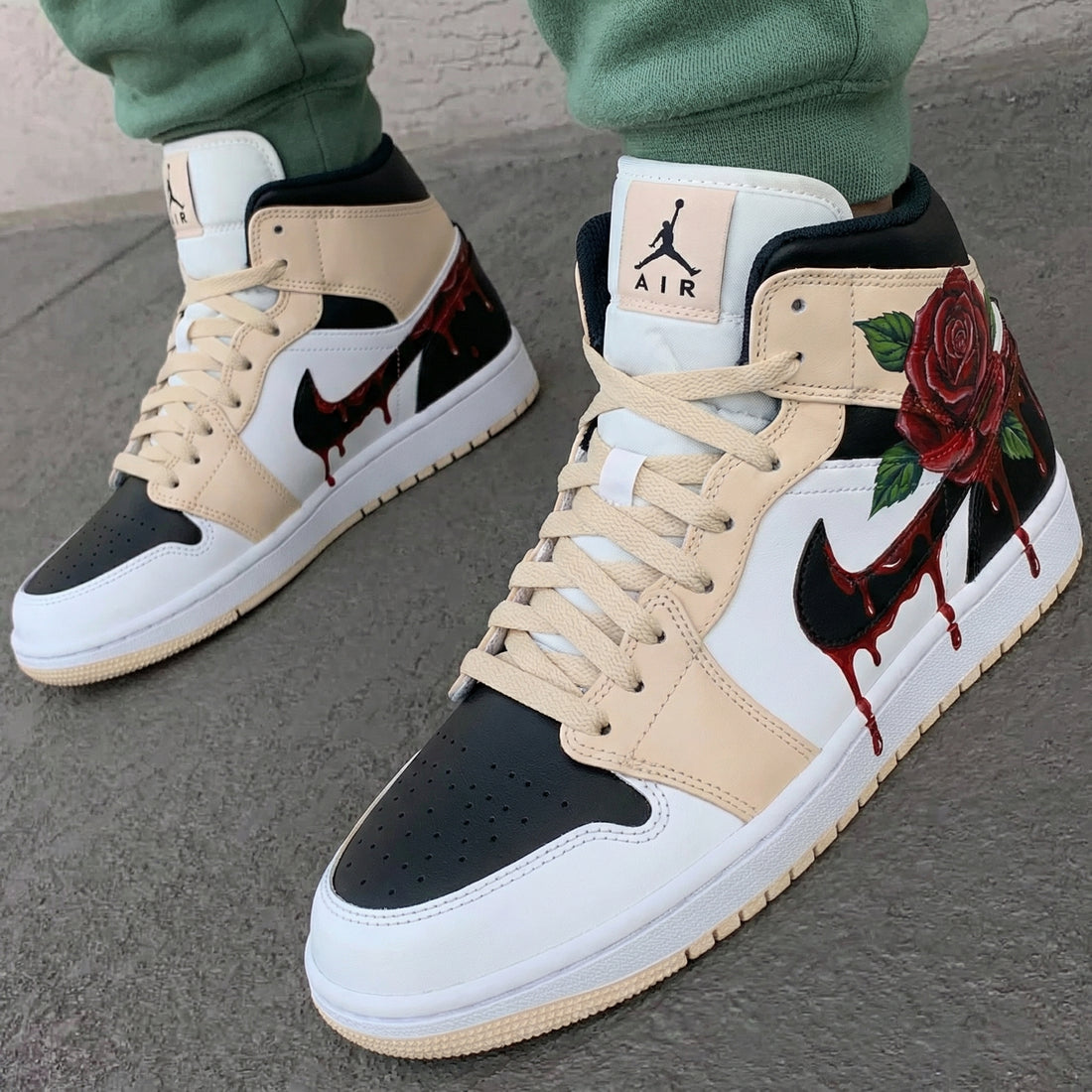 Custom AJ 1s Shoes Rose and Blood Pattern Beige Black