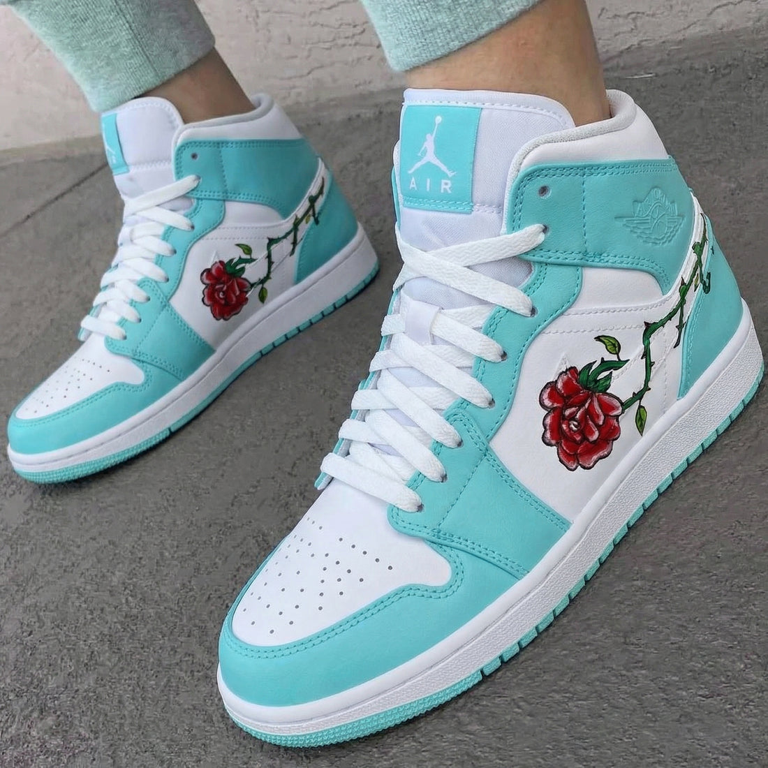 Custom AJ 1s Shoes Rose Embroidery Baby Blue White