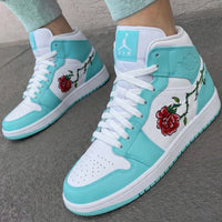 Custom AJ 1s Shoes Rose Embroidery Baby Blue White