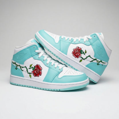 Custom AJ 1s Shoes Rose Embroidery Baby Blue White