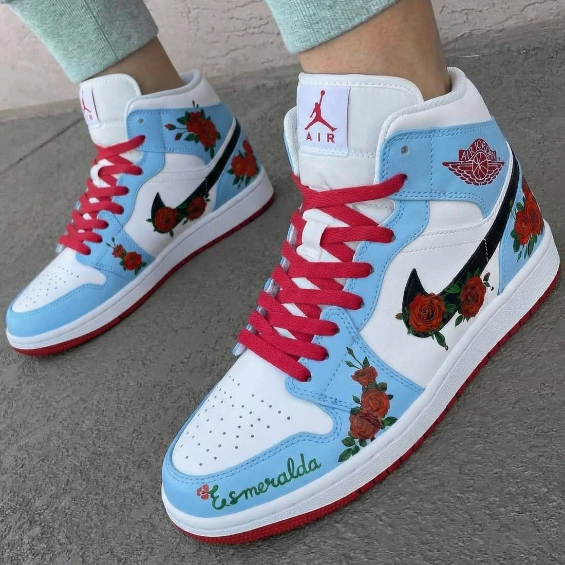 Custom AJ 1s Shoes Rose Pattern Baby Blue Red