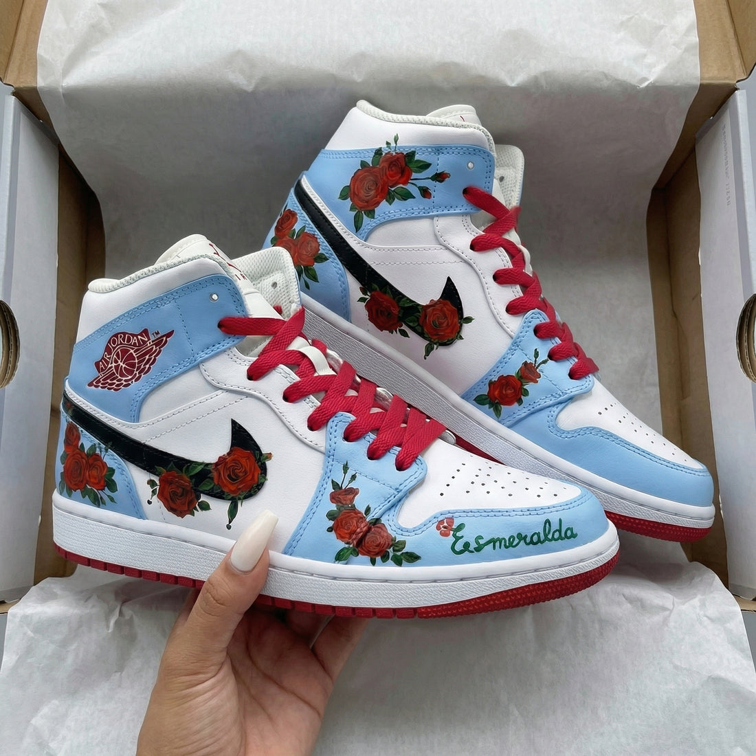 Custom AJ 1s Shoes Rose Pattern Baby Blue Red