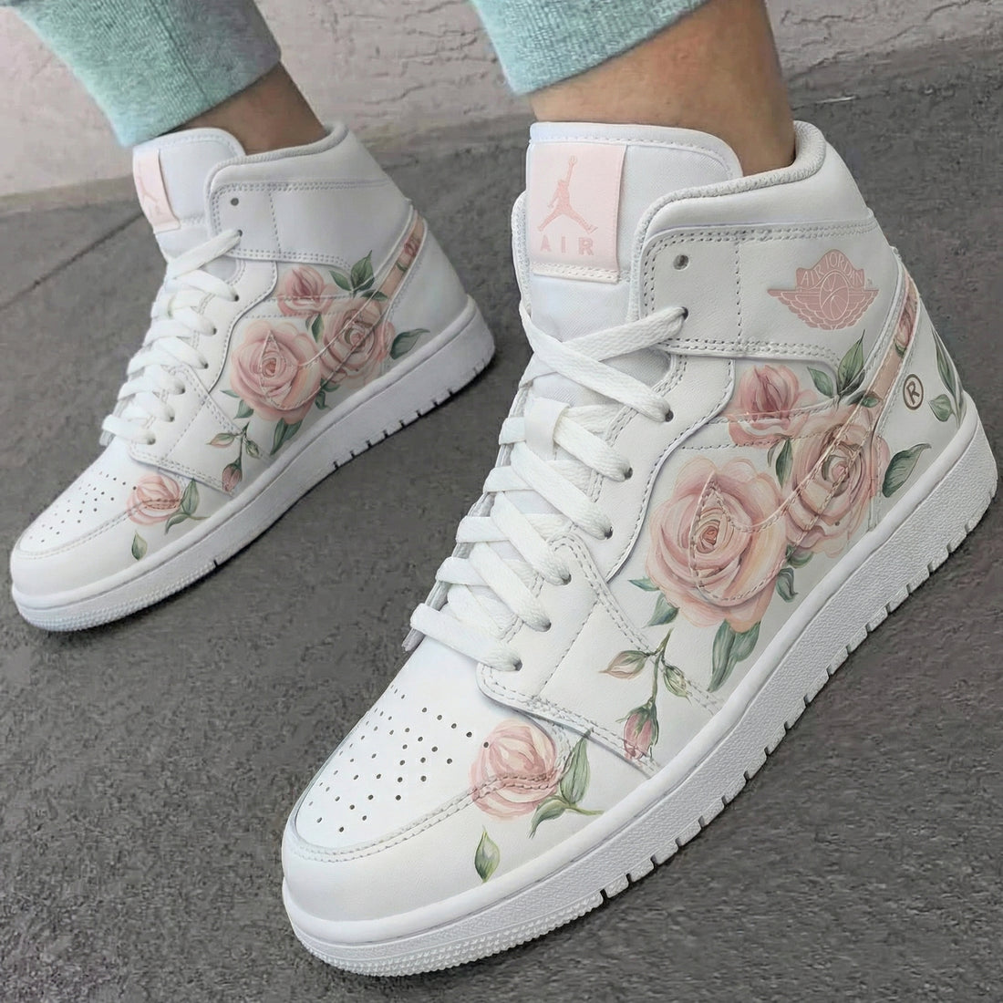 Custom AJ 1s Shoes Rose Pattern Baby Pink