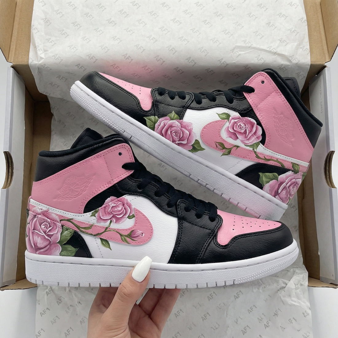 Custom AJ 1s Shoes Rose Pattern Black Pink