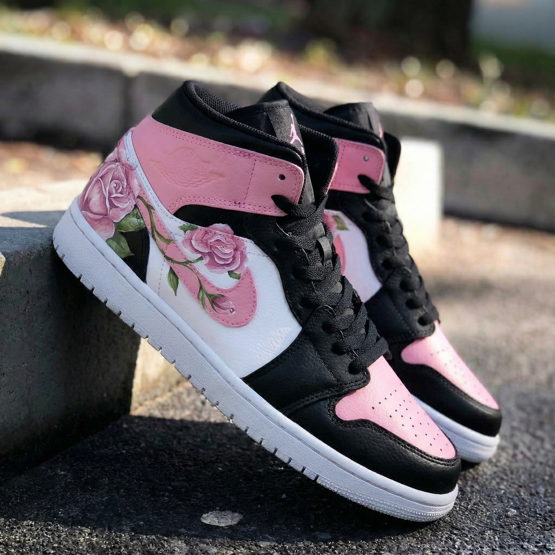 Custom AJ 1s Shoes Rose Pattern Black Pink