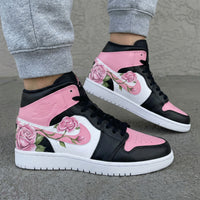 Custom AJ 1s Shoes Rose Pattern Black Pink