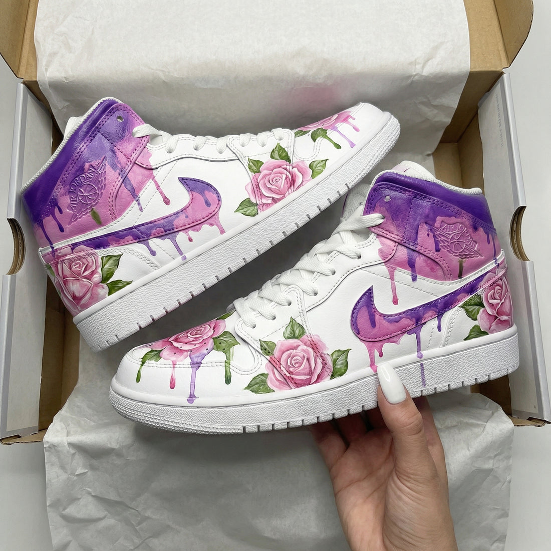 Custom AJ 1s Shoes Rose Pattern Purple Baby Pink