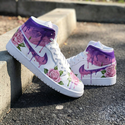 Custom AJ 1s Shoes Rose Pattern Purple Baby Pink