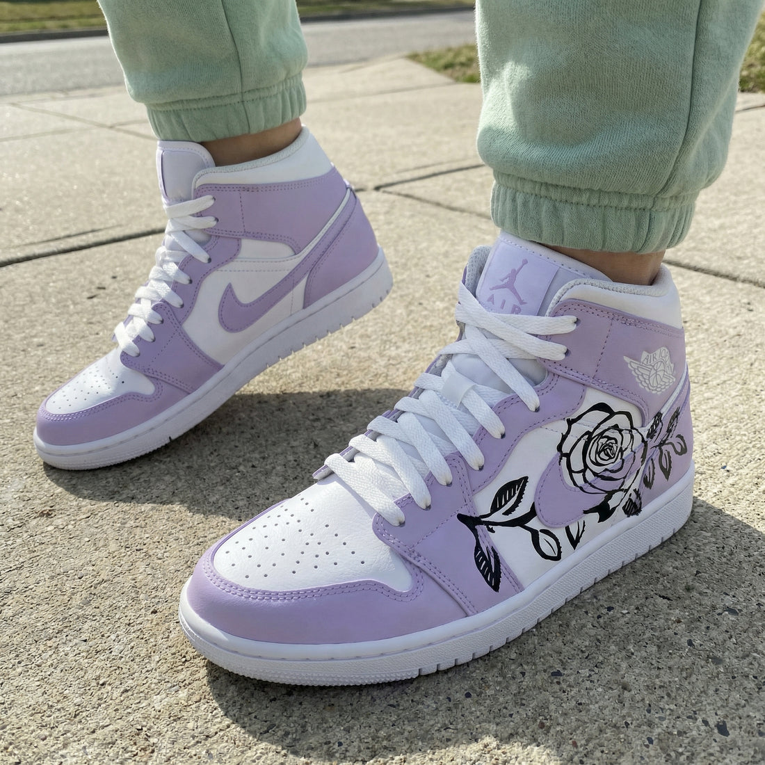 Custom AJ 1s Shoes Rose Pattern White Light Purple