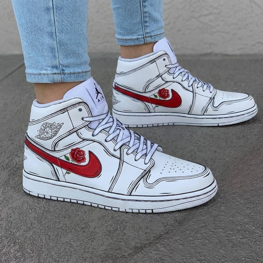 Custom AJ 1s Shoes Rose Pattern White Red