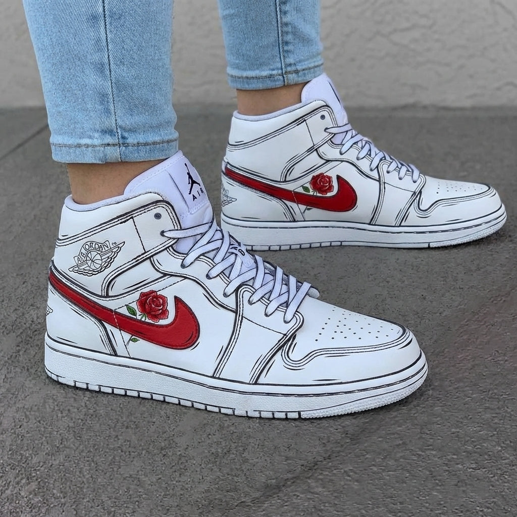 Custom AJ 1s Shoes Rose Pattern White Red