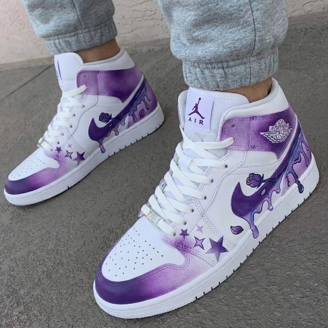 Custom AJ 1s Shoes Rose Star Drip Pattern Purple White