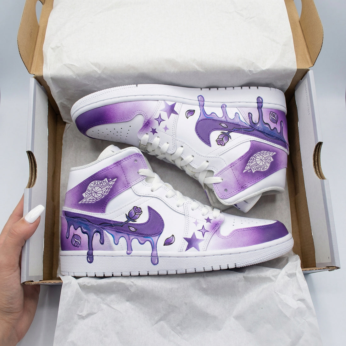 Custom AJ 1s Shoes Rose Star Drip Pattern Purple White