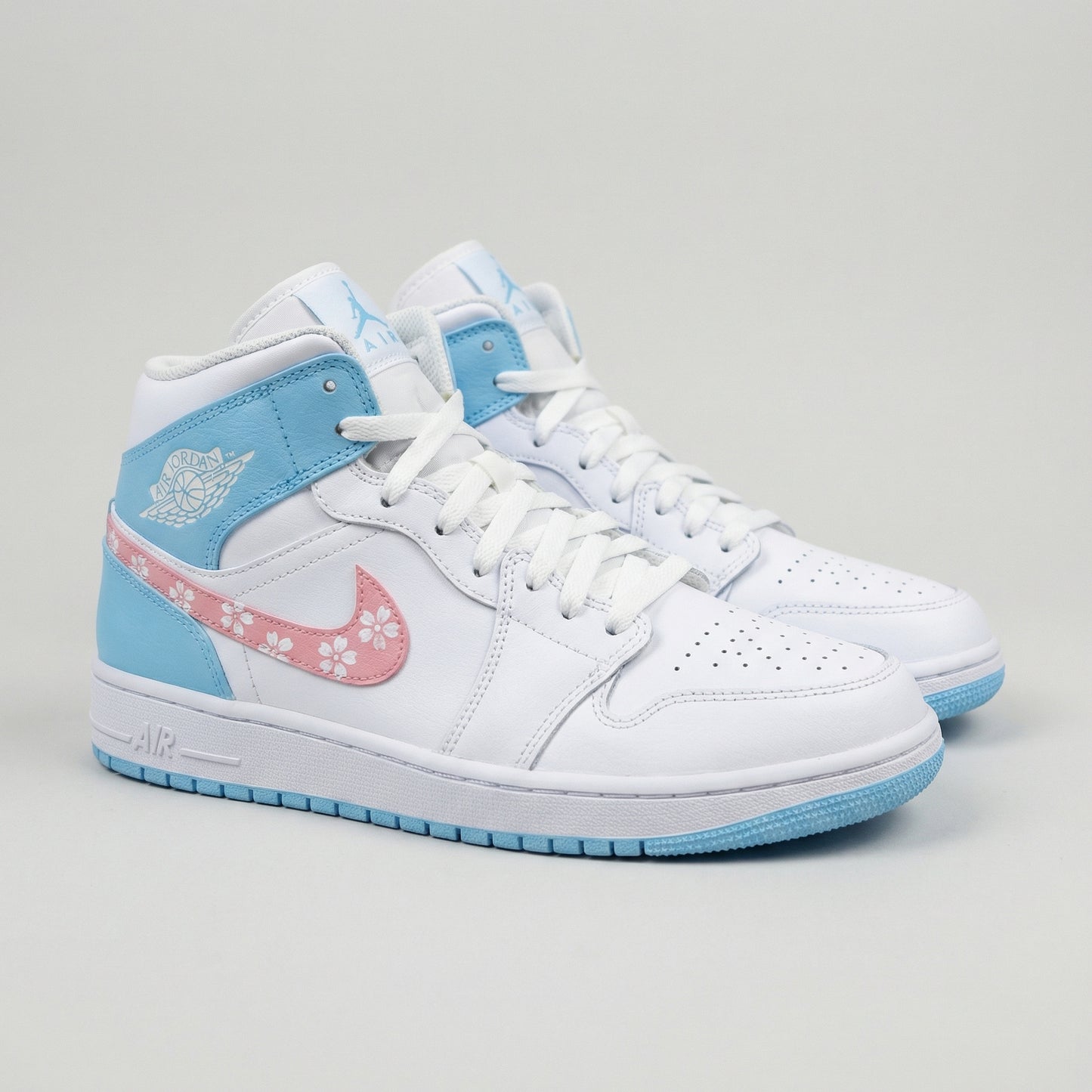 Custom AJ 1s Shoes Sakura Pattern Baby Blue Pink