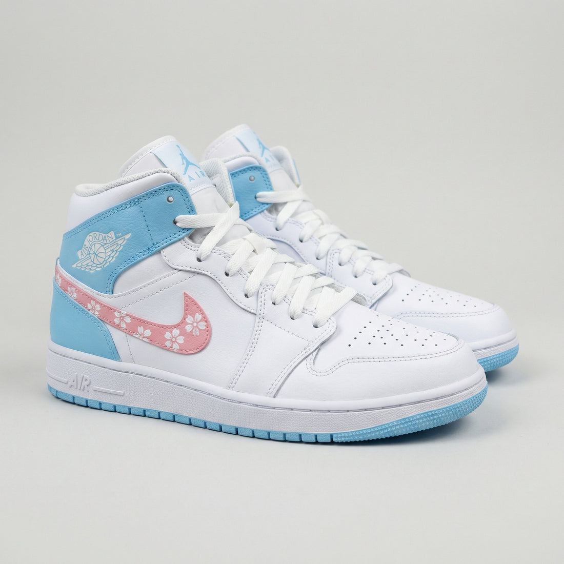 Custom AJ 1s Shoes Sakura Pattern Baby Blue Pink