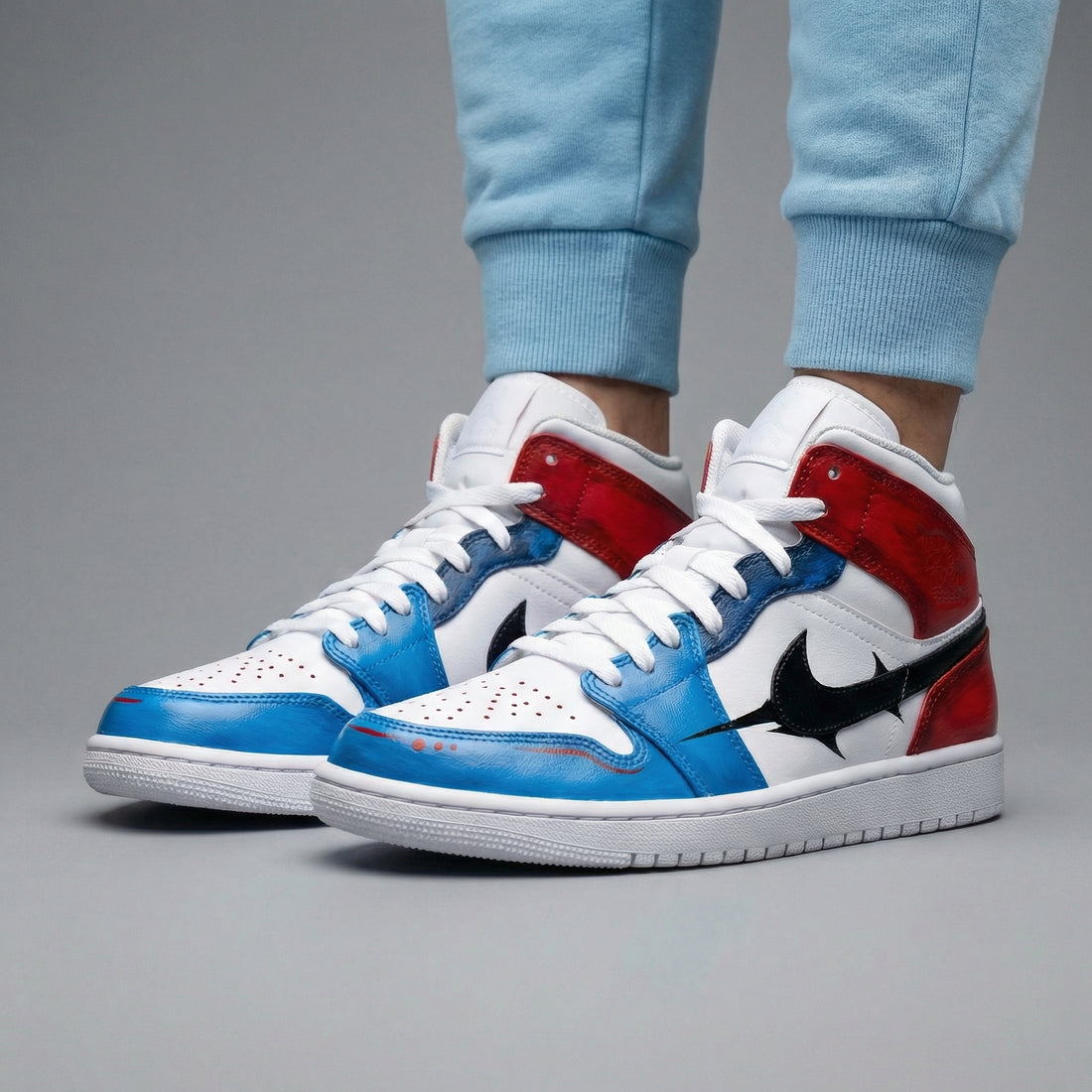 Custom AJ 1s Shoes Shark Swoosh Baby Blue Red Black