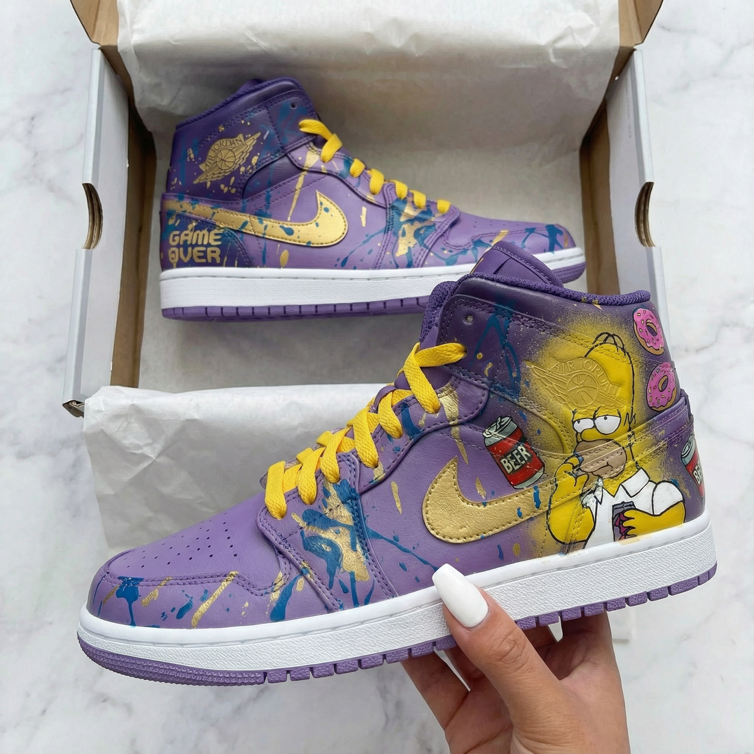 Custom AJ 1s Shoes Simpsons Design Purple Yellow