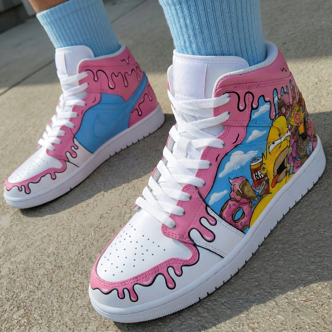 Custom AJ 1s Shoes Simpsons Pattern Baby Pink Blue