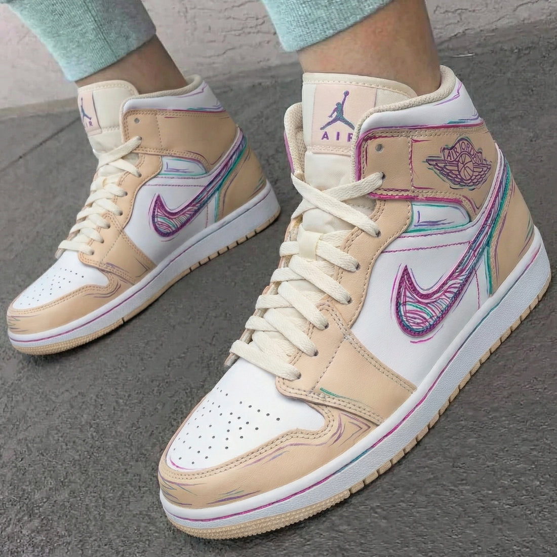 Custom AJ 1s Shoes Sketch Pattern Beige Pink