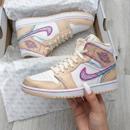 Custom AJ 1s Shoes Sketch Pattern Beige Pink