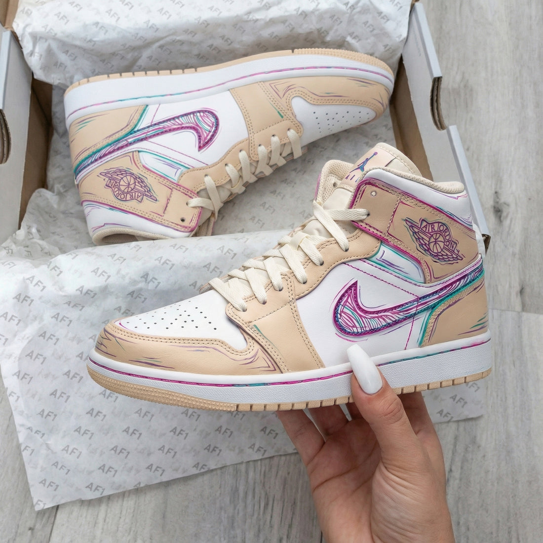 Custom AJ 1s Shoes Sketch Pattern Beige Pink