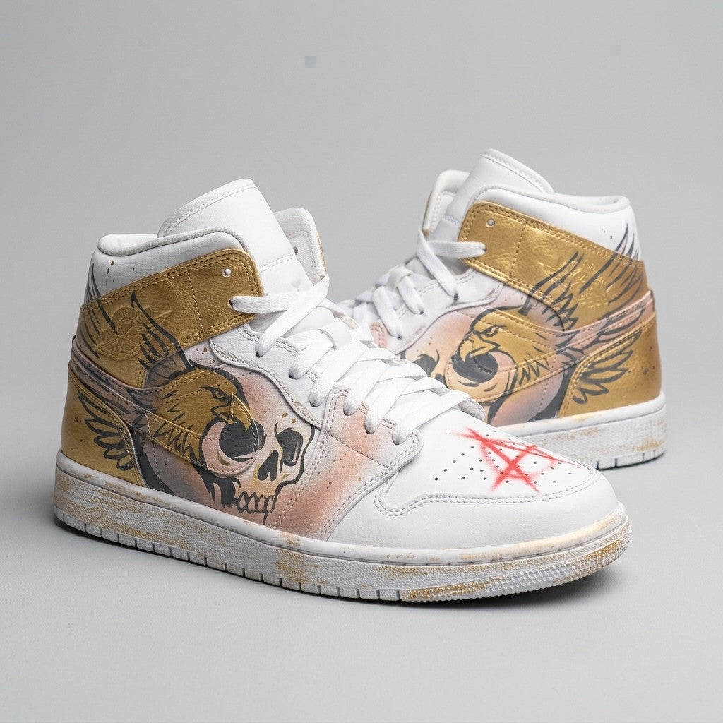 Custom AJ 1s Shoes Skull Eagle Graphic Gold Baby Pink