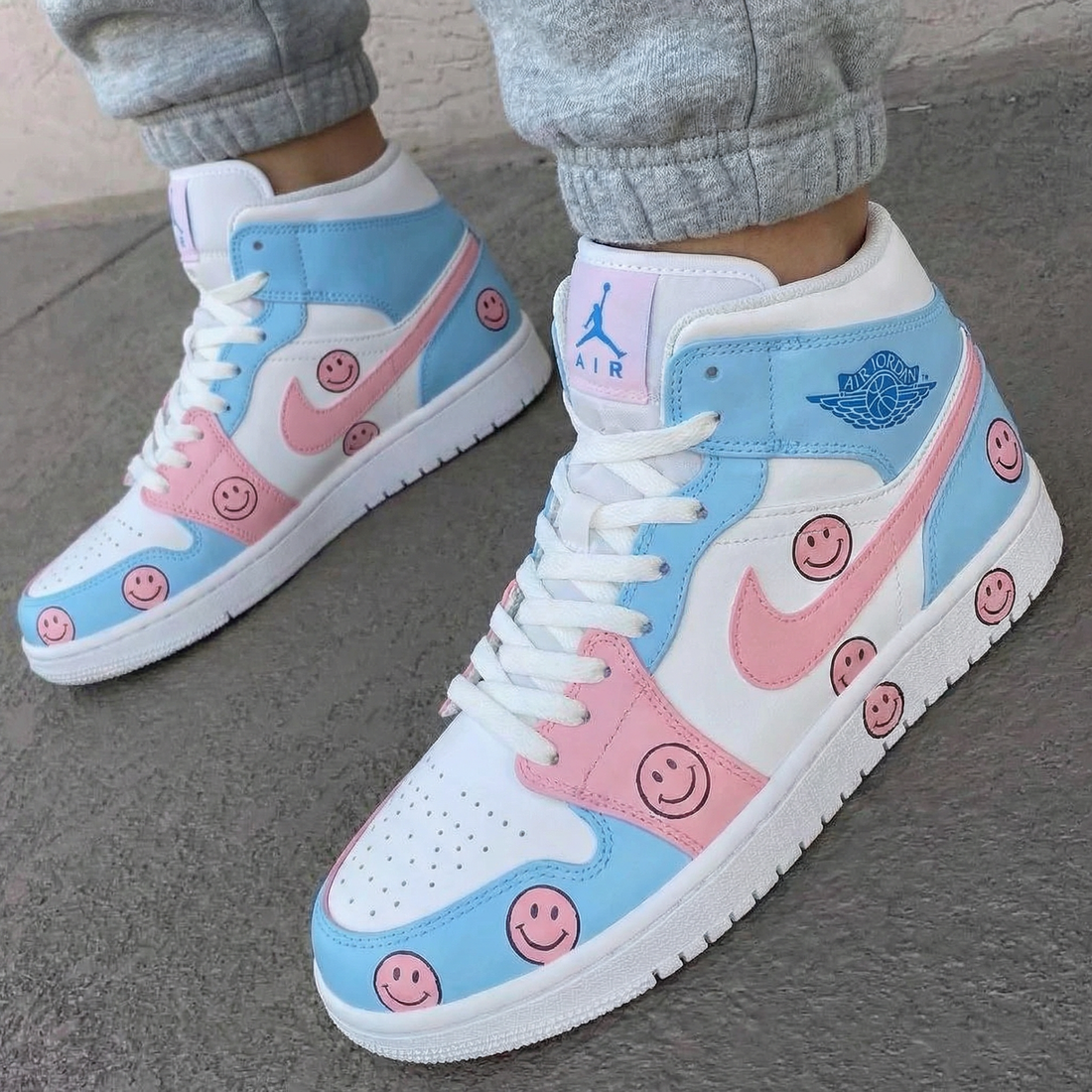 Custom AJ 1s Shoes Smiley Face Pattern Baby Blue Pink