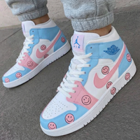 Custom AJ 1s Shoes Smiley Face Pattern Baby Blue Pink