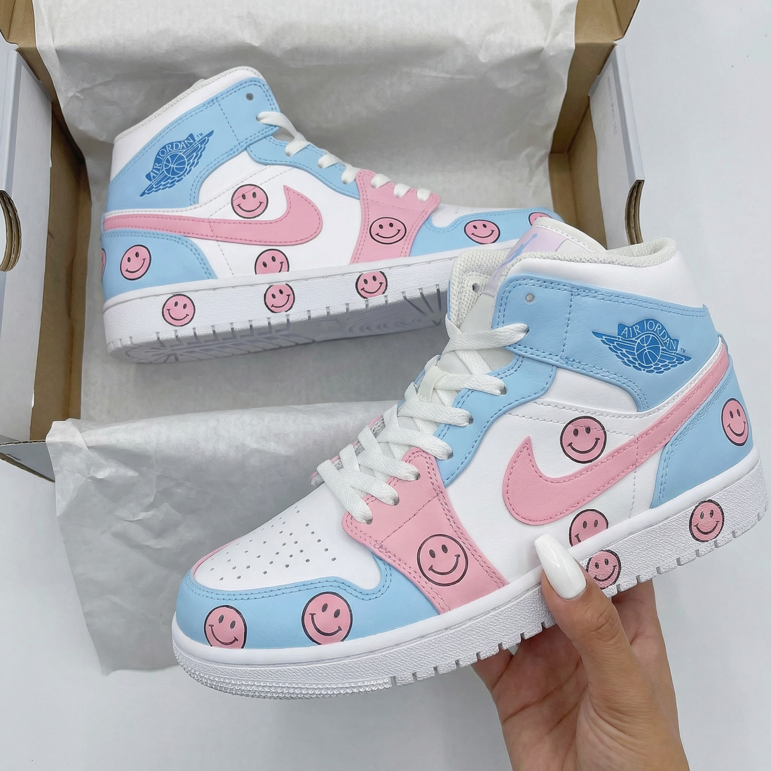 Custom AJ 1s Shoes Smiley Face Pattern Baby Blue Pink