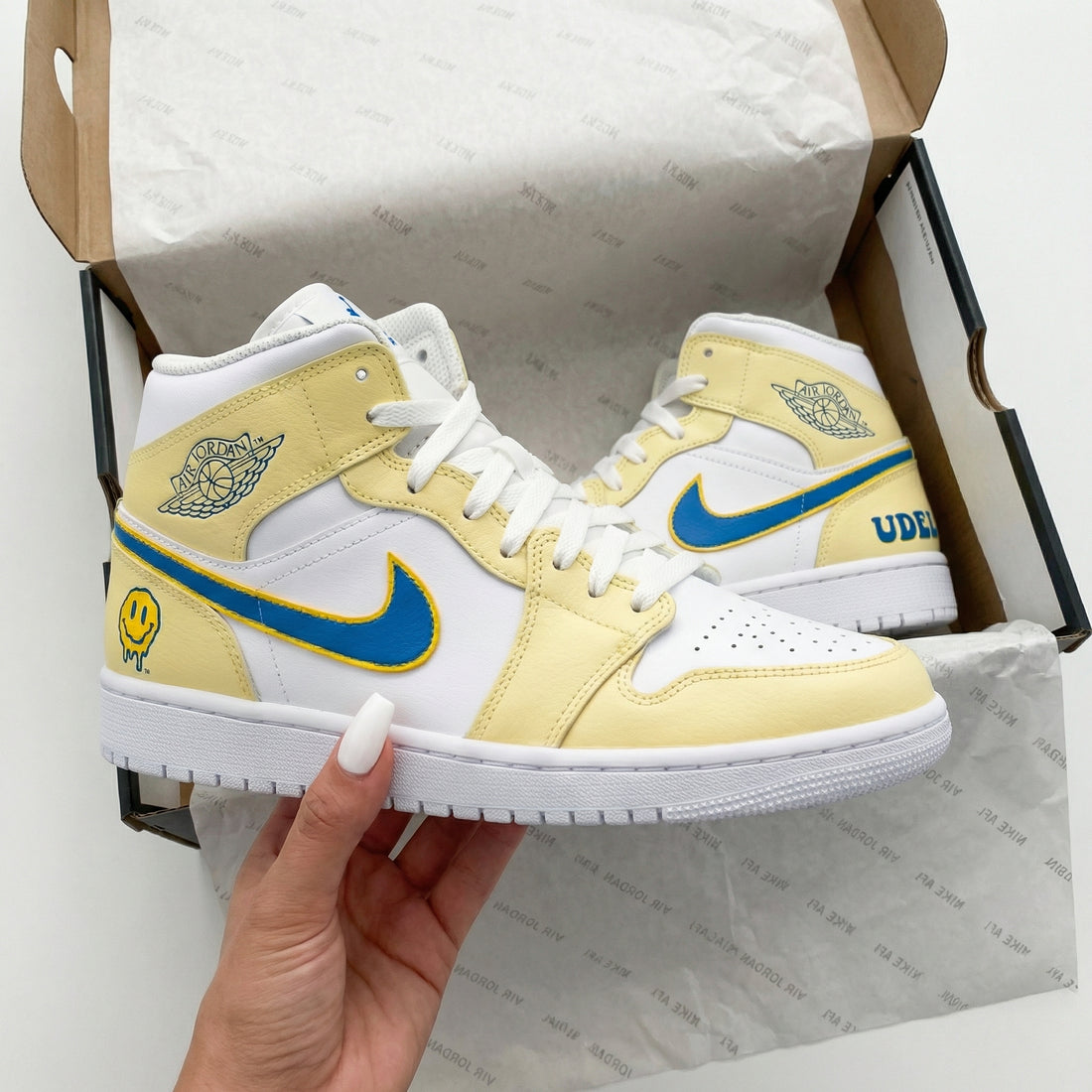Custom AJ 1s Shoes Smiley Face Yellow Blue