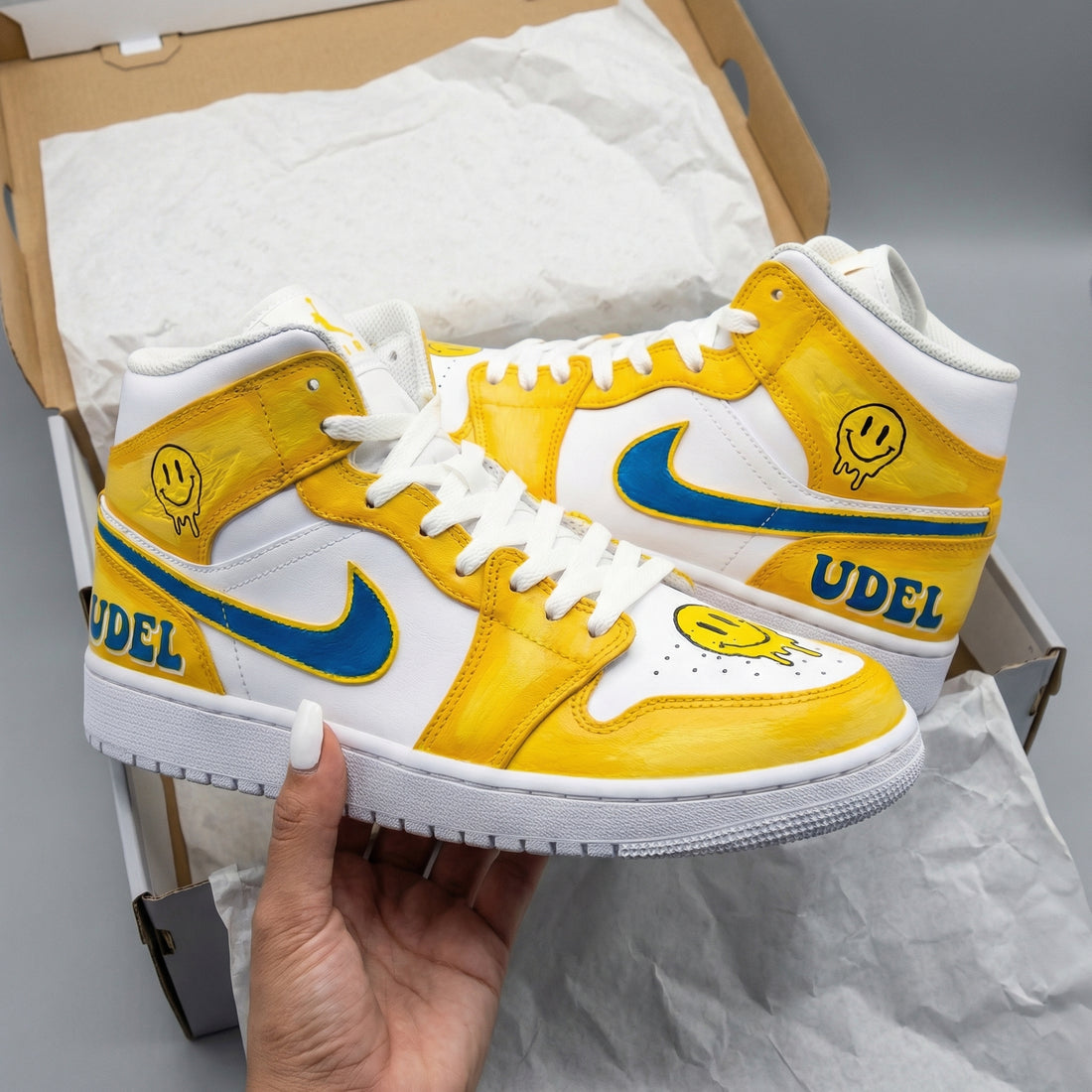 Custom AJ 1s Shoes Smiley Faces UDEL Yellow Blue