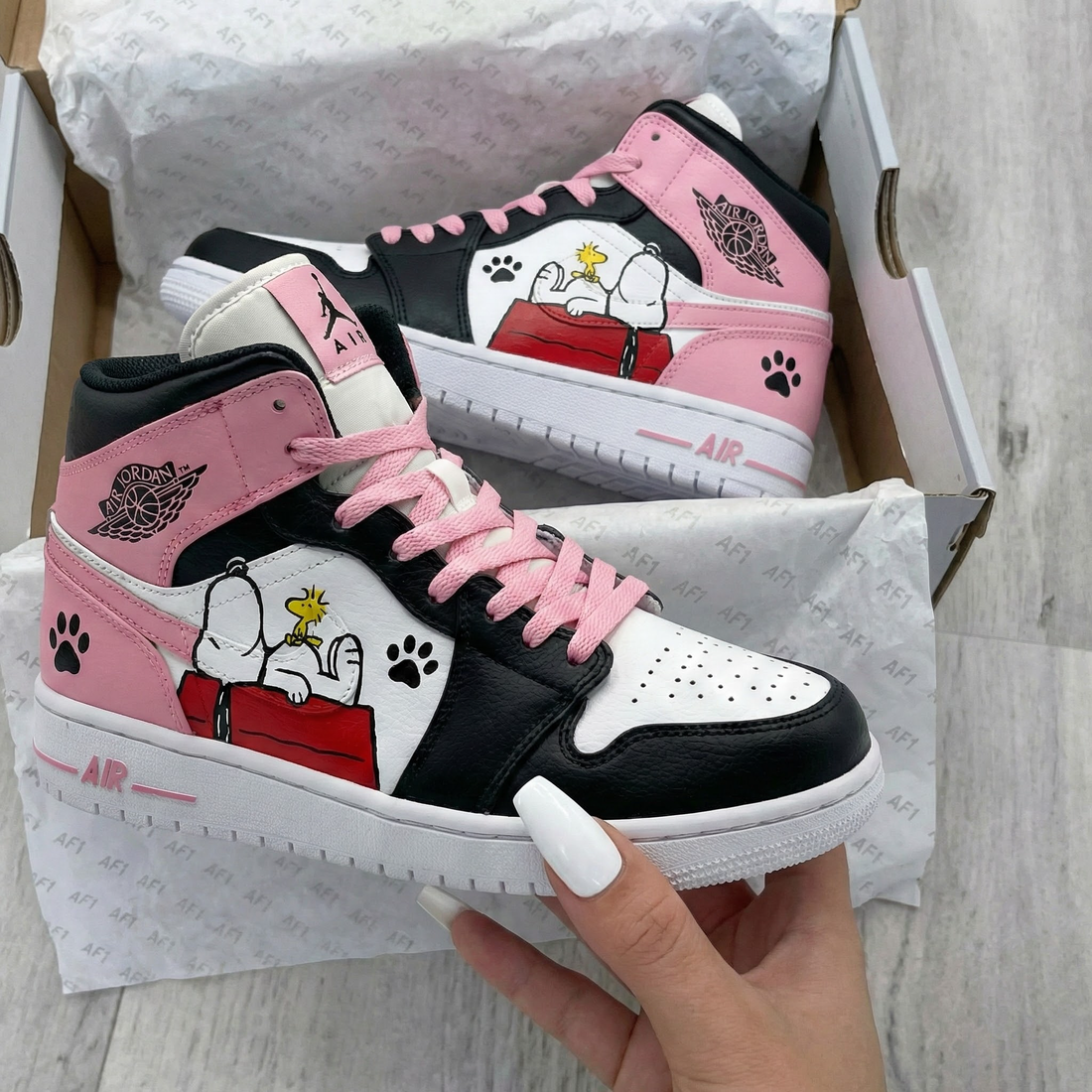 Custom AJ 1s Shoes Snoopy Design Baby Pink Black and White