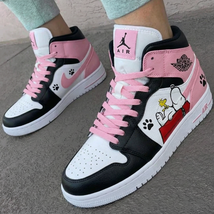 Custom AJ 1s Shoes Snoopy Design Baby Pink Black and White