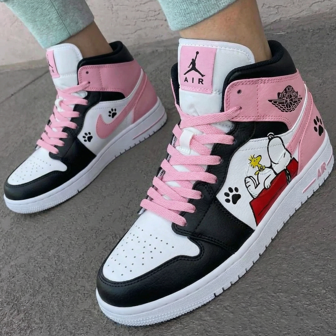 Custom AJ 1s Shoes Snoopy Design Baby Pink Black and White