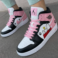 Custom AJ 1s Shoes Snoopy Design Baby Pink Black and White