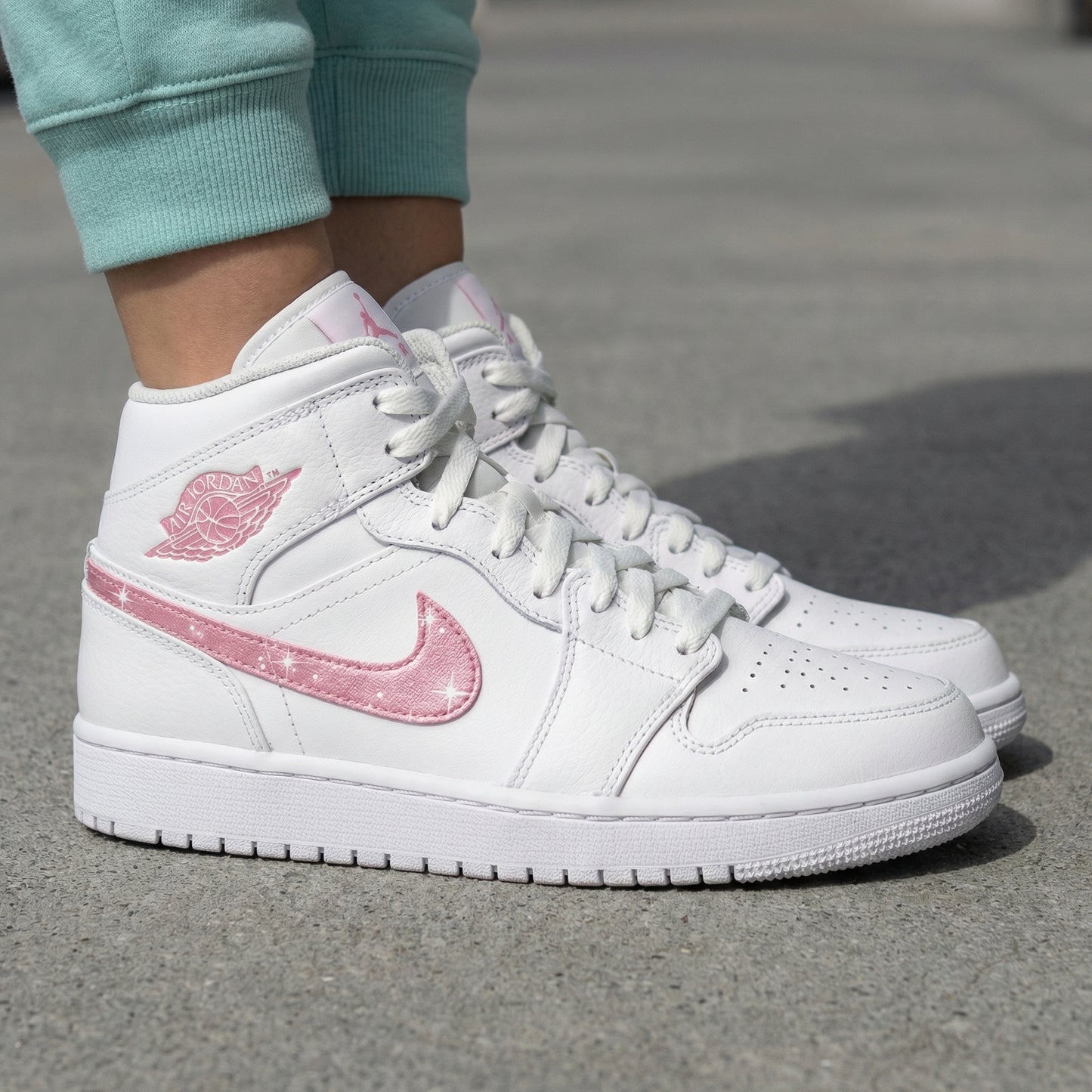 Custom AJ 1s Shoes Sparkle Swoosh Baby Pink White