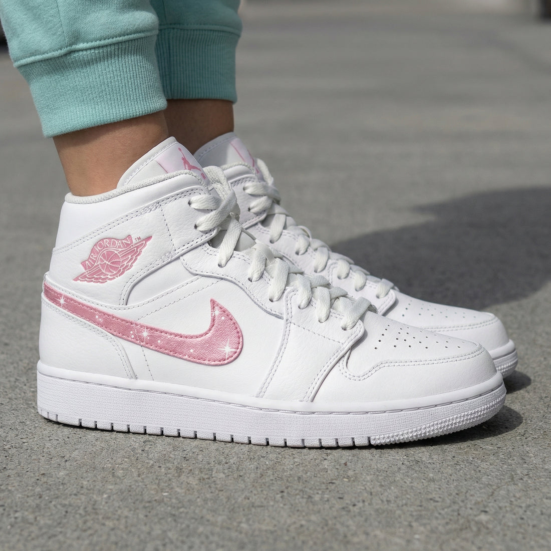 Custom AJ 1s Shoes Sparkle Swoosh Baby Pink White