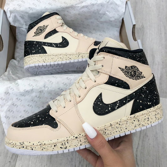 Custom AJ 1s Shoes Speckle Pattern Black Beige